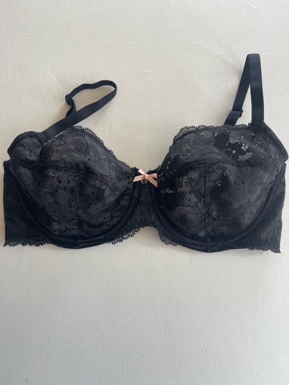 Victoria’s Secret Unlined Demi Black Lace Underwire Bra with Pink Bow Accent